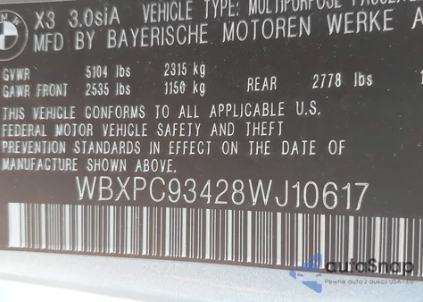 2008 BMW X3 3.0Si z USA, uszkodzony, nr VIN WBXPC93428WJ10617